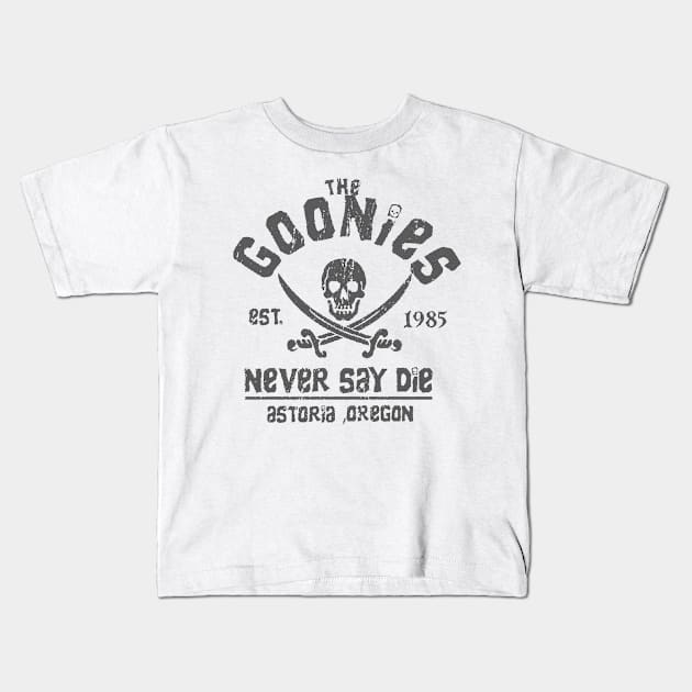 The Goonies - Never Say Die - Grey on Black Kids T-Shirt by zippingcurse